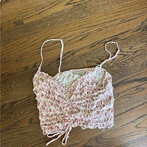 Pink and Cream Women's Smocked Top